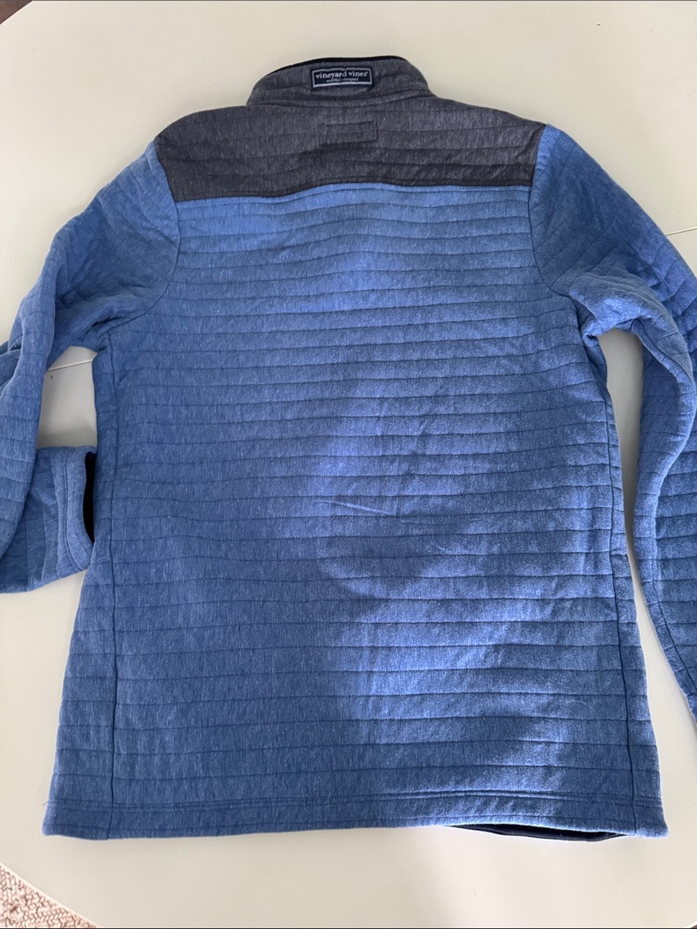 Vineyard Vines Heather Blue Quilted Quarter Button Sweater with Gray Trim - Picture 5 of 6
